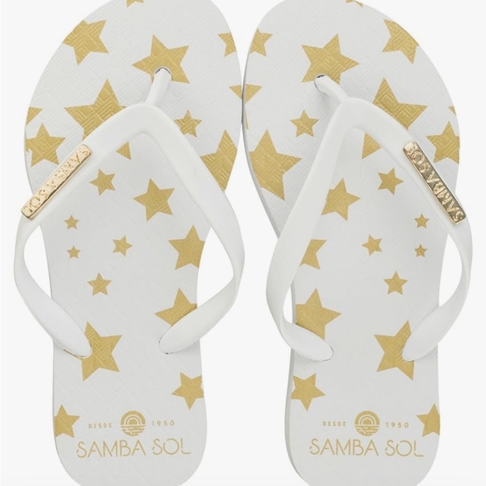 Samba Sol NWT in bag white with gold star flip flops. Women’s Sz 8